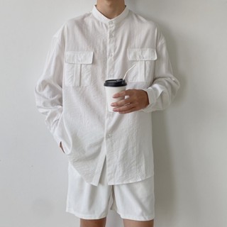 Áo sơ mi nam cổ tàu chất đũi hàn quốc trơn local brand unisex nữ fom rộng dài tay L66 trắng 2 túi [SM7]