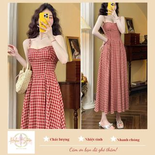 Đầm Hai Dây Caro Đỏ Dáng Dài HH78  HaLuu Store Phong Cách Hàn Quốc Phù Hợp Cho Nữ