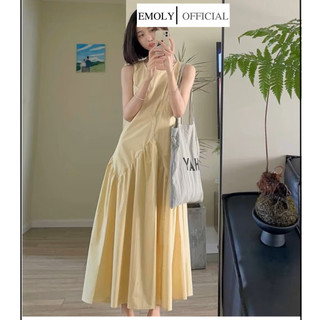  Đầm maxi đi biển dáng dài, Váy dài màu vàng kem sát nách kiểu chữ A thời trang mùa hè - V556