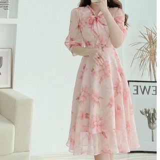 ĐẦM VOAN DỰ TIỆC HỌA TIẾT HOA XINH XẮN CỘT NƠ DỊU DÀNG DUYÊN DÁNG