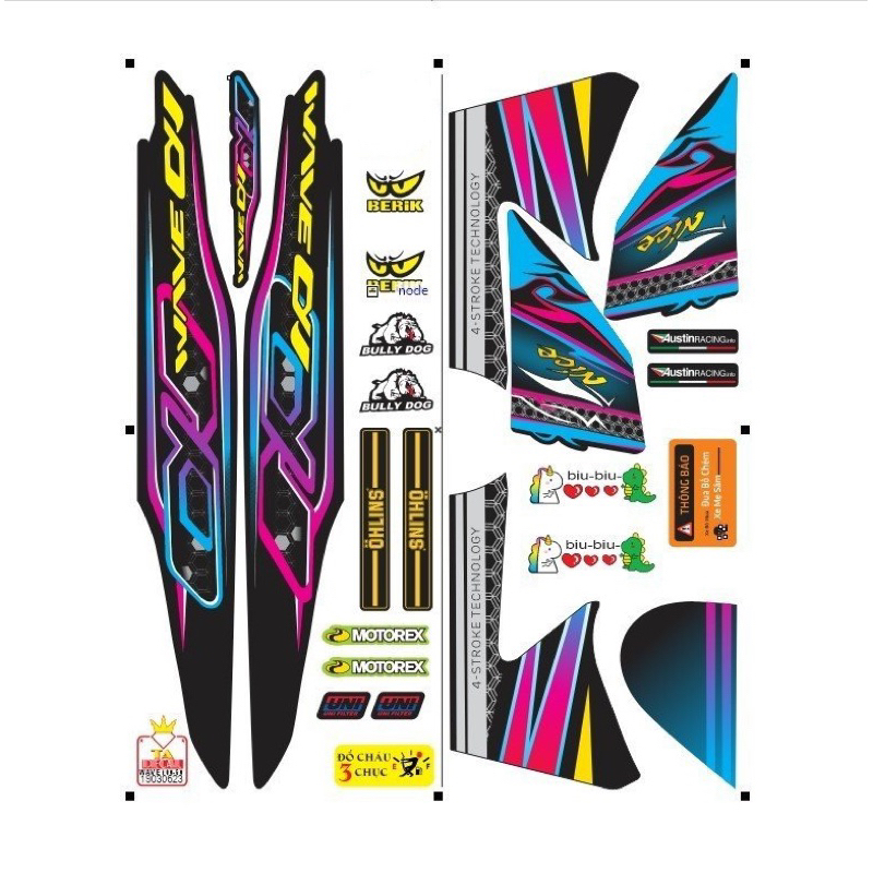 Tem WAVE 50cc-100cc màu tím xanh đen mới tem chống phai màu