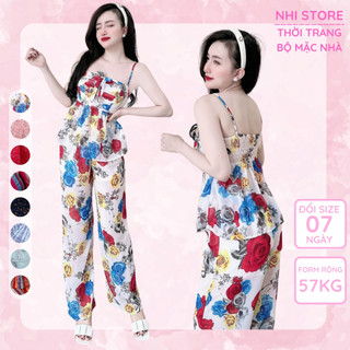 Set Bộ Kiểu Nhistore Áo 2 Dây Cúp Ngực Dún Quần Dài Ống Rộng Vải Voan Họa Tiết Hoa Freesize Dưới 57kg