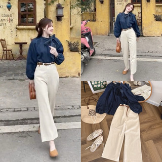Set sơ mi xanh + quần baggy trắng