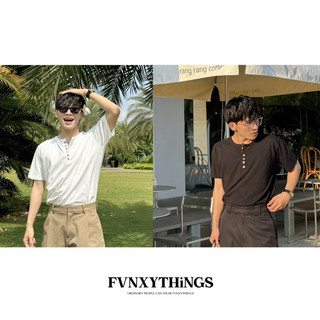 Áo thun cổ trụ ngắn tay có nút fvnxy phom rộng vừa màu đen và trắng xược tôn dáng - henley tn shirt