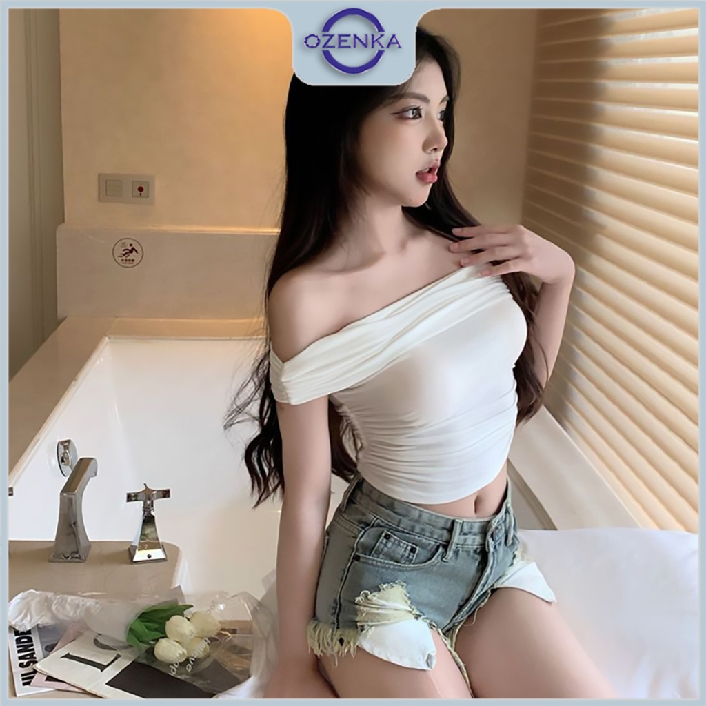 Áo croptop trễ hở vai sexy ôm body nữ sang chảnh ozenka , áo crt kiểu ngắn nhún eo gợi cảm cotton trơn đen trắng mặc hè | BigBuy360 - bigbuy360.vn