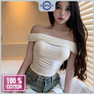 Áo croptop trễ hở vai sexy ôm body nữ sang chảnh ozenka , áo crt kiểu ngắn nhún eo gợi cảm cotton trơn đen trắng mặc hè