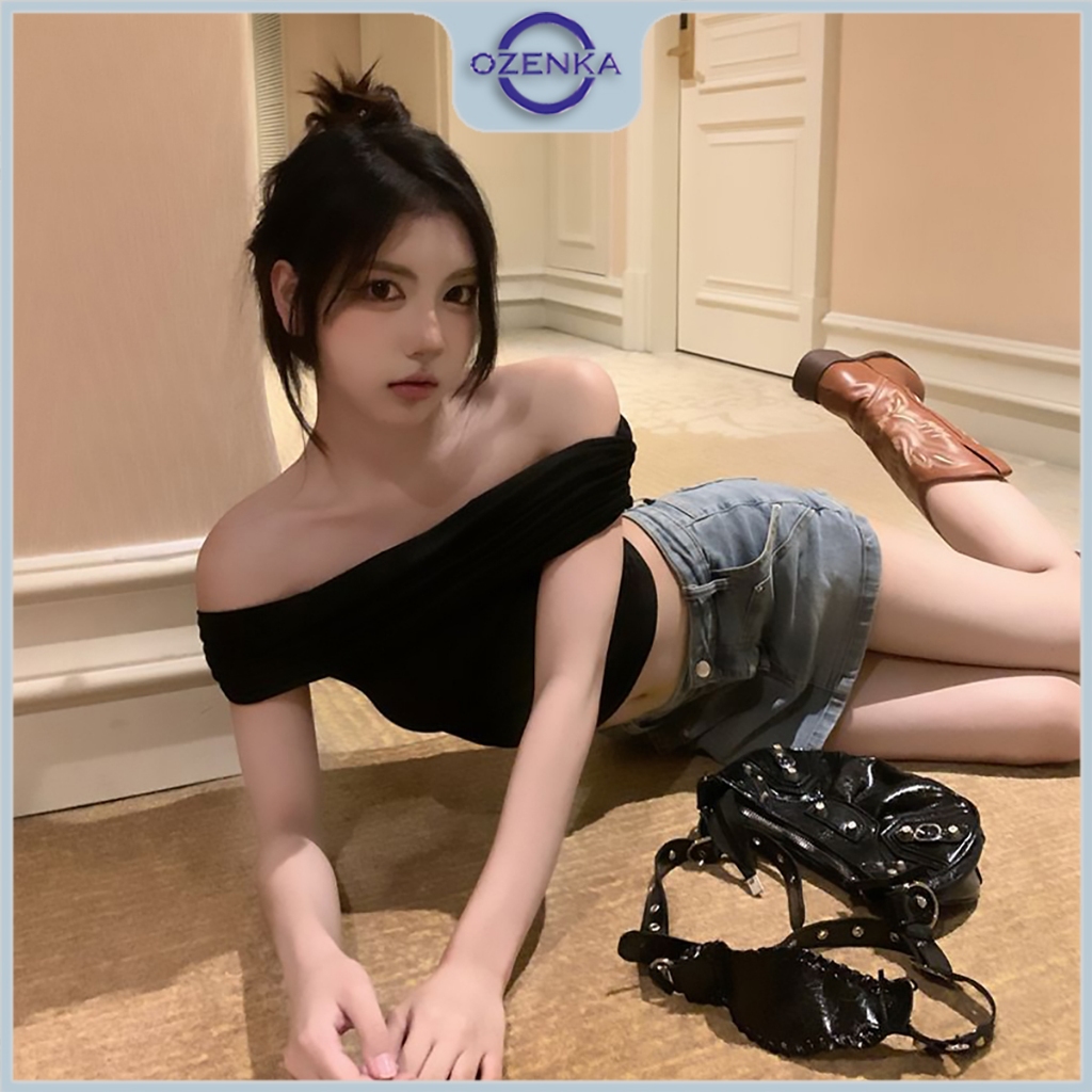 Áo croptop trễ hở vai sexy ôm body nữ sang chảnh ozenka , áo crt kiểu ngắn nhún eo gợi cảm cotton trơn đen trắng mặc hè | BigBuy360 - bigbuy360.vn