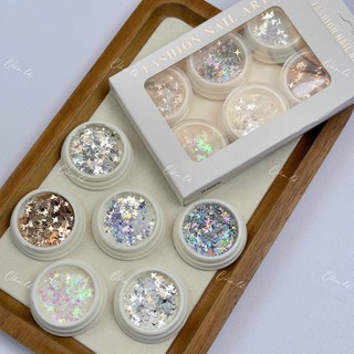 Sét phụ kiện hình sao bốn cánh 6 hũ ngôi sao trang trí móng tay nail