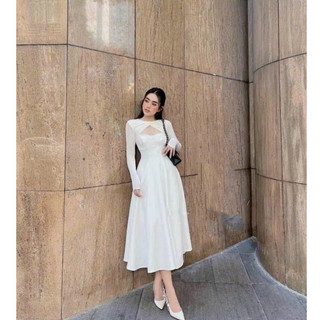 Đầm Thun Gân Xòe Tay Dài Khoét Ngực Sang Trọng (Hỏa Tốc) YK030