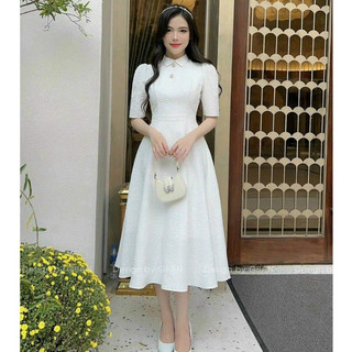 Đầm tiểu thư thời trang nữ dự tiệc sang trọng chất gấm cổ bẻ đính nút tay lỡ có mút dáng váy chữ A dài maxi