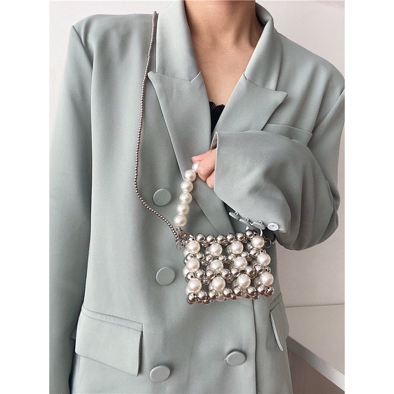 [HOẢ TỐC] Túi cầm tay hạt inox sáng bóng kết hợp ngọc ABS cao cấp