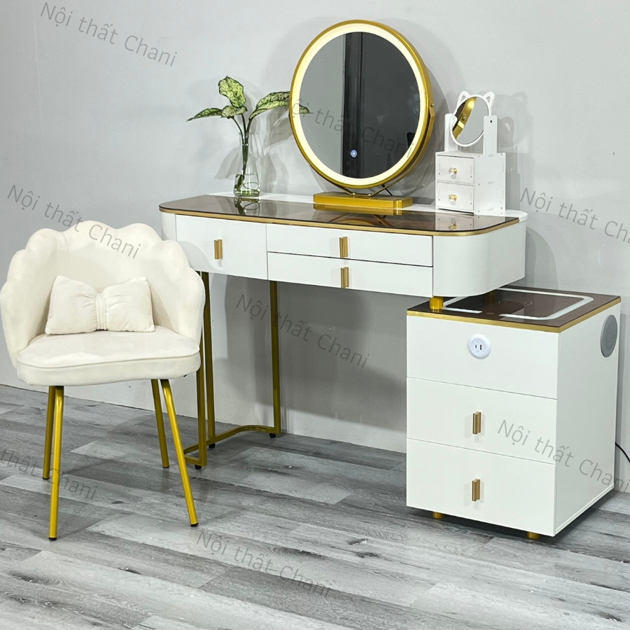 Bàn trang điểm thông minh có đèn led, Bàn phấn có sạc không dây cao cấp, kết nối loa bluetooth không dây, Tặng ghế -TN02