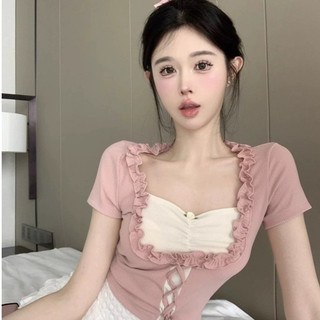 Áo kiểu coquette ngắn tay phối cổ bèo cách điệu nữ deliz dáng brandy croptop cộc mùa hè phong cách tiểu thư ChouChou