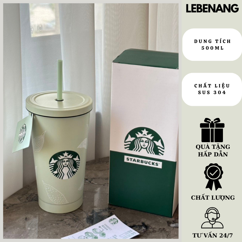 Ly giữ nhiệt inox 304 nắp kín Starbucks 500ml màu xanh mint kèm ống hút, bình giữ nhiệt cao cấp fullbox Lebenang