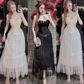 Set Áo Cúp Ngực Corset Ren Gấm Croptop Vạt Nhọn + Chân Váy Lưới Xoè Có Lót Quần Váy Cực Sang Chảnh