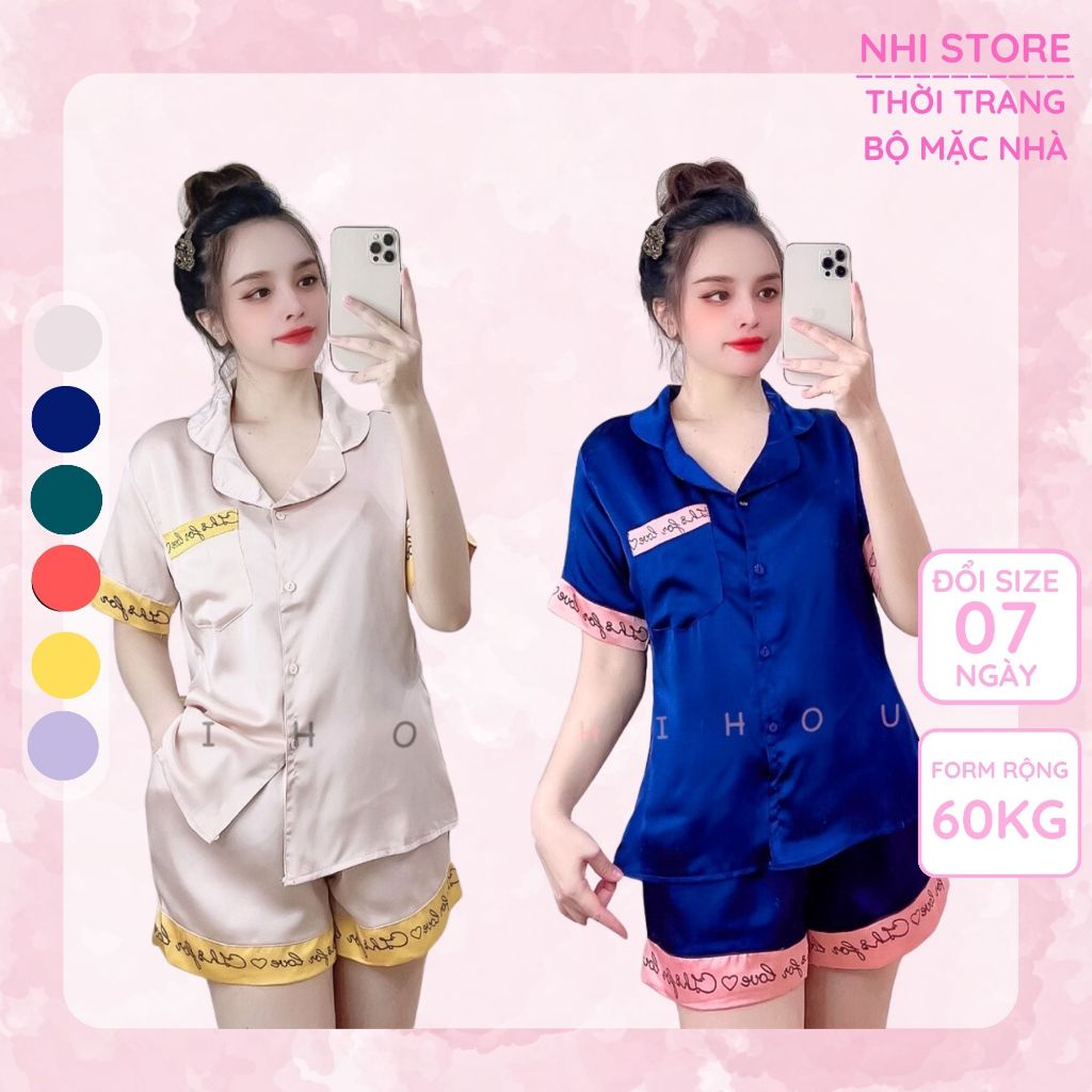 Bộ Mặc Nhà Nữ NHISTORE Pizama Lụa Quần Ngắn Tay Ngắn Phối Nẹp In Chữ Kí Size 45-60kg