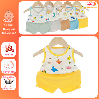 MK511(6-16KG) Bộ áo ba lỗ quần cộc trơn phối họa tiết chất tăm gân lạnh mỏng mềm, mát cho bé dưới 3 tuổi