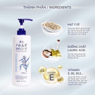 Sữa tắm trắng da ý dĩ Hatomugi 800ml dưỡng ẩm làm mềm da