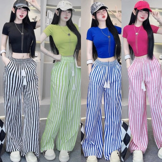 Set Bộ Áo Thun Cổ Tròn Croptop Tay Ngắn + Quần Ống Xuông Sọc Ống Rộng