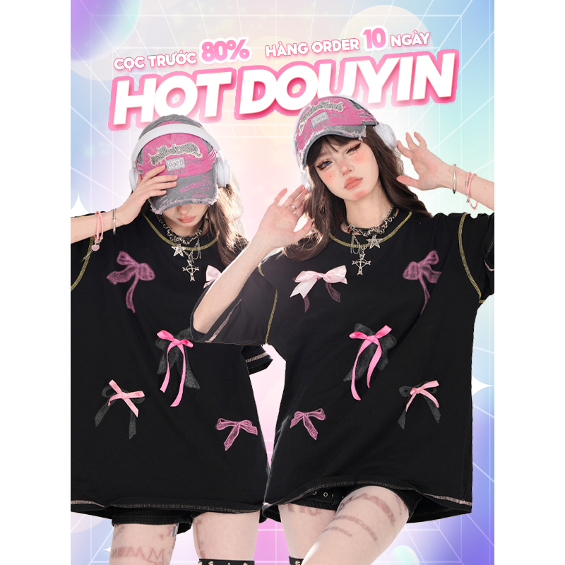 Áo Thun 𝗦𝗵𝗮𝗼𝗬𝗲𝗬𝗮𝗻  Đen Đính Nơ Hồng Hot Douyin