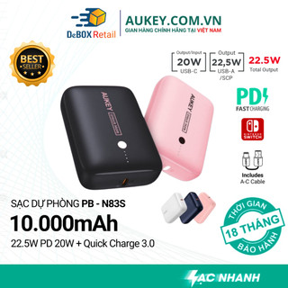 Pin Sạc Dự Phòng Aukey PB-N83S/PB-Y55 10000mAh 22.5W Sạc Nhanh PD 20W và Quick Charge 3.0 18W - Hàng Chính Hãng
