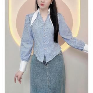 Áo sơ mi nữ thiết kế kiểu sọc phối cổ lá nhon trắng LAMO-B1239