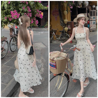 ĐẦM MIDI TRẮNG NỀN HOA ĐEN CỔ YẾM