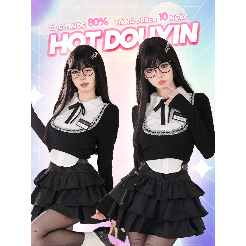 Set 𝗦𝗵𝗮𝗼𝗬𝗲𝗬𝗮𝗻  Áo Tay Dài Đen Đính Nơ + Chân Váy Xếp Ly Hot Douyin