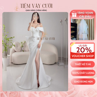 Váy cưới đuôi cá 💖tặng voan cài đầu💖 đầm cưới đuôi cá, cúp ngực, nơ bản to, tvc261