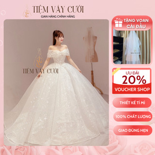 Váy cưới cô dâu 💖tặng voan cài đầu💖 đầm cưới đi tiệc, đính hoa 3d, cúp ngực, tvc378