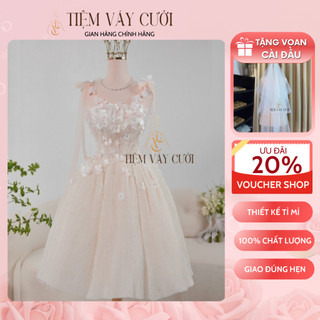 [Tặng Voan + Mút Ngực] Váy Cưới Đi Bàn, Đầm Cưới Ngắn, Cúp Ngực, Hoa 3D, Nude Hồng, TVC262