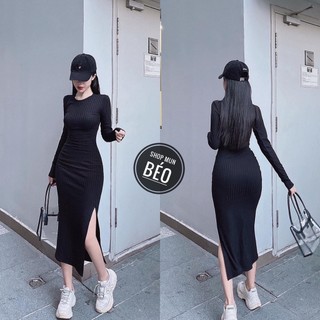 Đầm Body Cổ Tròn Tay Dài Xẻ Đùi Chất Thun Cực Xinh
