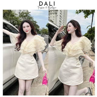 Set Đầm Dự Tiệc Thiết Kế 2 Món Gồm Áo Voan Cổ V Bèo Tầng + Chân Váy Tafta Có Quần Trong Sang Chảnh