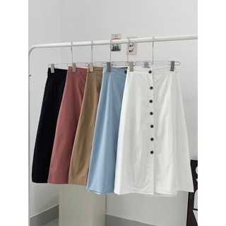 Chân váy dài nhiều nút nâu lưng chun sau Ảnh thật/Sẵn