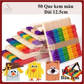 Que kem màu, 50 que 12.5cm, bản 1cm, que kem làm mô hình, handmade, trang trí