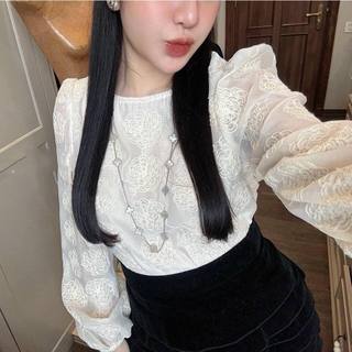 Áo thô ren tay bồng 2 lớp thêu hoa hồng kiểu dáng tiểu thư v505