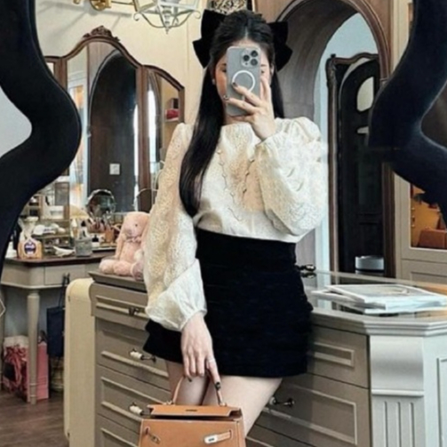Áo Nữ Thô Ren Tay Bồng 2 Lớp Thêu Hoa Hồng Kiểu Dáng Tiểu Thư V505