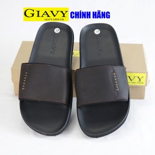 Dép nam quai ngang Giavy da nâu (Gia Vy TL52 quai da, đế bệt cao su)