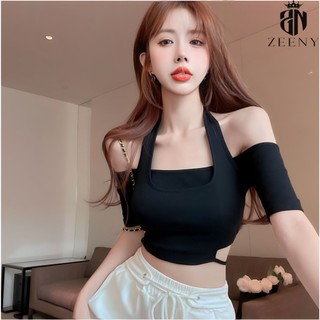 Áo croptop trễ vai cổ yếm, áo kiểu nữ phối dây eo hở lưng sexy quyến rũ tay ngắn