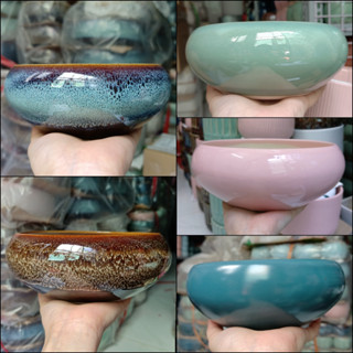   FREESHIP  Chậu sứ men hỏa biến hình Tròn Dẹp 21cm  CÓ LỖ  để bàn-cắm hoa-Nhiều màu - Solar Garden 