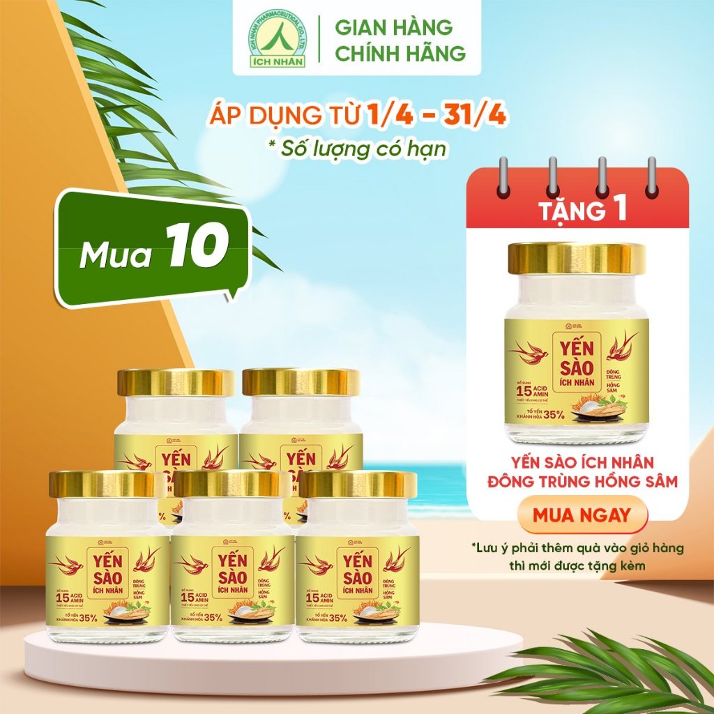 Combo 10 Lọ Yến Sào Ích Nhân Đông Trùng Hồng Sâm 70ml giúp bồi bổ khí huyết, tăng sức đề kháng, cải thiện giảm trí nhớ