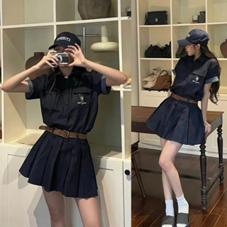 [S2.690] Set Bò Demin Áo Sơmi Thêu Hình Mix Chân Váy Xếp Ly Có Lót Quần (kèm ảnh thật)