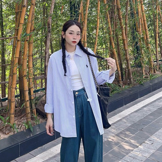 Áo sơ mi kẻ sọc nhỏ thêu ngựa dài tay dáng rộng Lumii