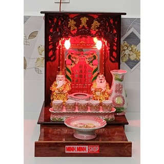 Combo đồ thờ cúng màu hồng: Bàn thờ 37cm hộc kéo, tài địa,...+ khuyến mãi