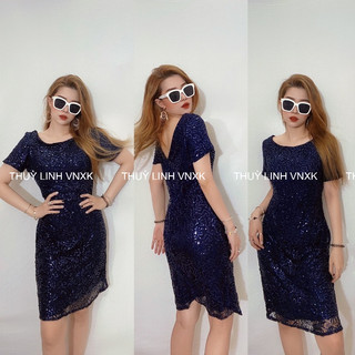Đầm Ren Kim Tuyến R&M Richards Cổ Thuyền Tay Ngắn 2 Màu Đen / Xanh Navy