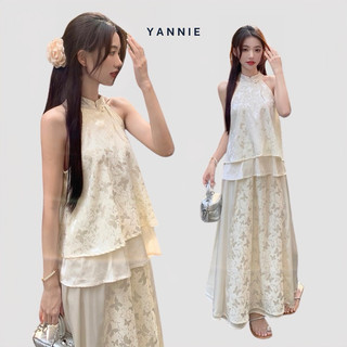 Set áo cổ yếm hai tầng đính nơ + chân váy midi dáng dài tiểu thư Yannie