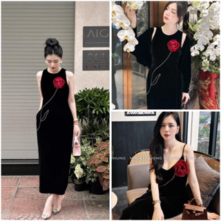 Váy nhung xuông sát nách/hai dây đính hoa đỏ