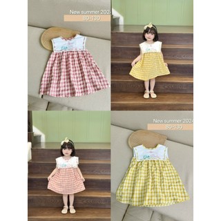 Jee kids- Váy đầm thô kẻ cổ vuông sát nách điệu đà cho bé gái