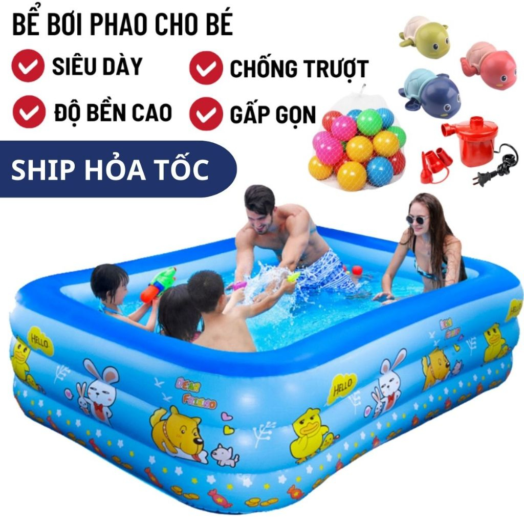 Bể Bơi, Phao Bơi Bốn Mùa 3 Tầng 1m2/1m3/1m5/1m8/2m1 - Tặng Kèm Miếng Vá Đáy Chống Trơn Trượt An Toàn Cho Bé Yêu