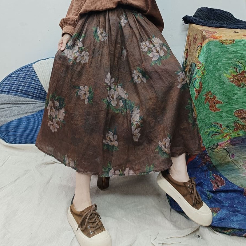 Chân váy linen retro lưng thun KAMAKA in hoa trà - NU9990